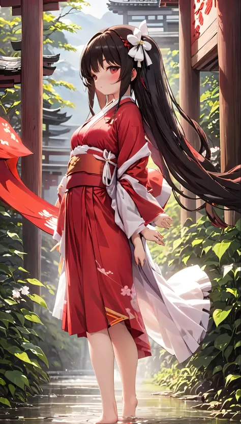 with high definition images,The mysterious beauty of the lonely shrine maiden, Shirarei Reimu、Captured with stunning cinematic artistry。Her long, flowing hair is decorated with a delicate white ribbon.、Shrine maiden in red traditional costume、This masterpi...