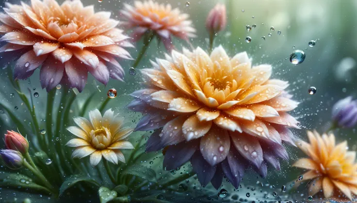 a bunch of flowers with water droplets on them, by Judy Takács, blurred backround, by Alice Prin, by Pamela Ascherson, colorful intricate masterpiece, wonderful light, beautiful render of a fairytale, effervescent, by Ulrika Pasch, 8k award-winning photogr...