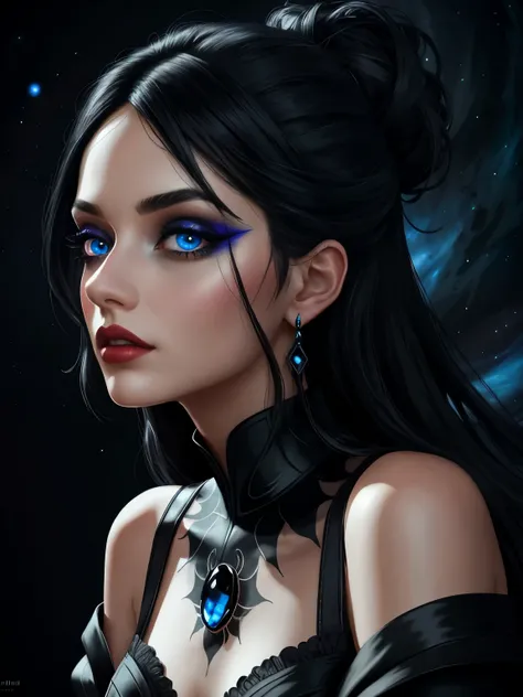 Portrait of a mesmerizing Goth model, her raven-black hair cascading down her shoulders, adorned in a form-fitting black dress that accentuates her hourglass figure. Her mesmerizing blue eyes, heavily lined with black kohl, gaze seductively, inviting a kis...