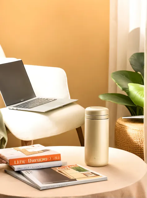 dianshang, scented,tablecloths, magazines,living room, light and shadow, blurry background,laptop