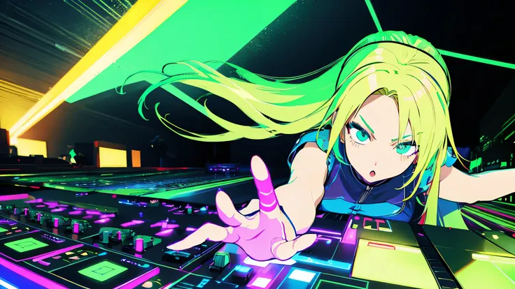 detailed dj girl with neon dj controller, super bright music lights.blonde、forehead、green leather shirt