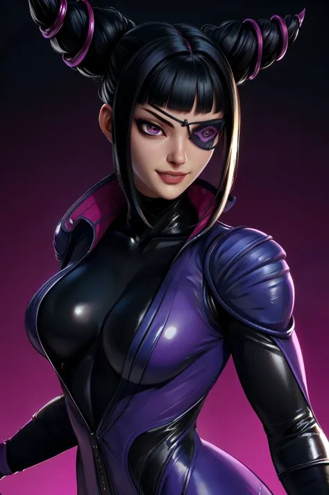 juri , black hair,two-tone hair, hair horns, purple eyes, eyepatch,  
bodysuit, clothing cutout, 
standing, upper body, evil smi...