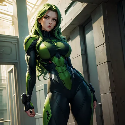 masterpiece, best quality, agrias, a woman, solo, wearing green black widow suit, superhero, standing,  green hair, high leg, wavy hair,  muscular , detailed face, muscular detailed face, age 22, , big breast