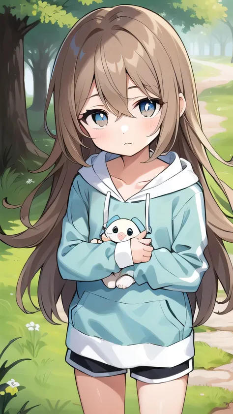 Girl, ( light brown hair :1.5), (black eyes:1.1), (big eyes: 1.1), (sagging eyes: 1.5), (very long hair:1.1), hair between eyes, cyan long-sleeved hoodie, white T-shirt, dark blue shorts, white sneakers, (flat chest), (straight hair), very short, only , dr...