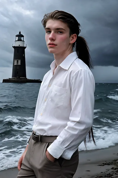 Medium shot of a 19-year-old Russian boy from the 1910s. He is handsome with tan skin and light grey eyes, wearing a loose white shirt typical of the 1910s. His long black hair is in a ponytail. The scene is set by the dark ocean during a storm, with a lig...