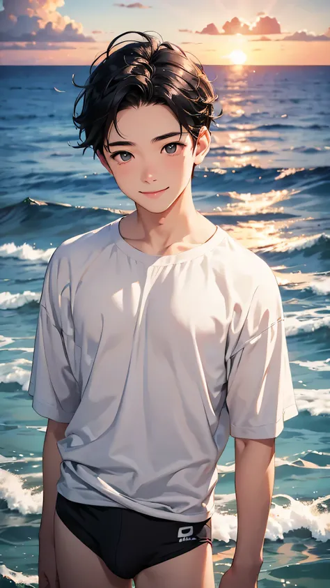 highest quality、Realistic、boy、zoom、cute、Grey Eyes、Black Hair、the forehead is protruding、Medium Hair、Swimwear、Looking down、smile、Bust Shot、Ocean、Sunset