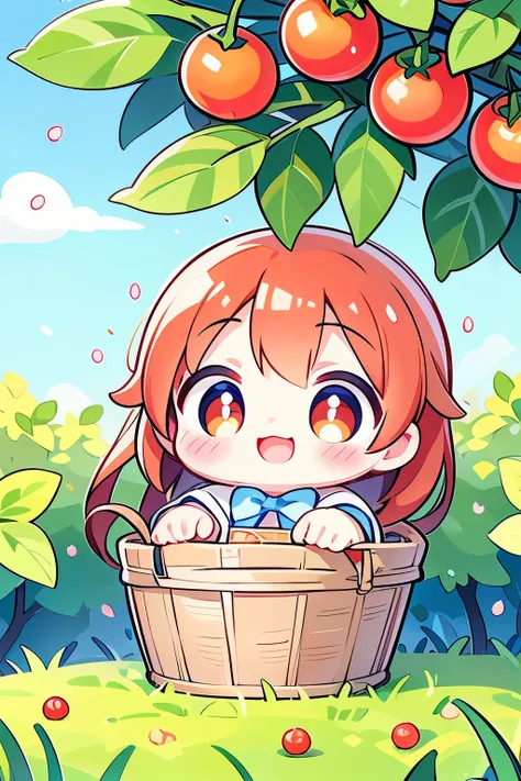 photorealistic、chibi girl（harvesting cherry tomatoes、a lot of cherry tomatoes in a basket、smile）