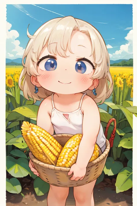 Photorealistic、Chibi Girl（Harvesting corn、smile）