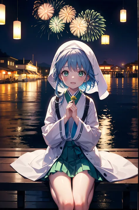 index, index, (Green Eyes:1.5), Blue Hair, Long Hair, (Flat Chest:1.2),smile,blush,Happy atmosphere,Open your mouth,Long Hair,Hair tied up,White bathrobe,Long sleeves,mini skirt,Sandals,White tabi,night空の花火,Fireworks display,Japanese Festivals,Summer festi...