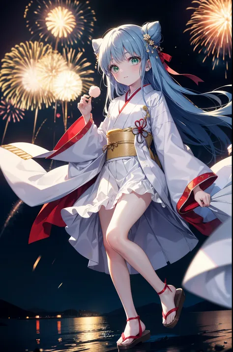 index, index, (Green Eyes:1.5), Blue Hair, Long Hair, (Flat Chest:1.2),smile,blush,Happy atmosphere,Open your mouth,Long Hair,Hair Bun, double  Hair Bun,White bathrobe,Long sleeves,mini skirt,Sandals,White tabi,night空の花火,Fireworks display,Japanese Festival...