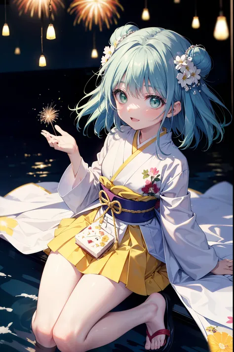 index, index, (Green Eyes:1.5), Blue Hair, Long Hair, (Flat Chest:1.2),smile,blush,Happy atmosphere,Open your mouth,Long Hair,Hair Bun, double  Hair Bun,White bathrobe,Long sleeves,mini skirt,Sandals,White tabi,night空の花火,Fireworks display,Japanese Festival...