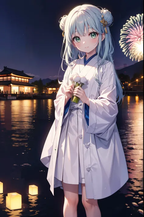 index, index, (Green Eyes:1.5), Blue Hair, Long Hair, (Flat Chest:1.2),smile,blush,Happy atmosphere,Open your mouth,Long Hair,Hair Bun, double  Hair Bun,White bathrobe,Long sleeves,mini skirt,Sandals,White tabi,night空の花火,Fireworks display,Japanese Festival...