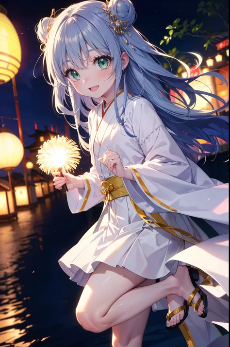 index, index, (Green Eyes:1.5), Blue Hair, Long Hair, (Flat Chest:1.2),smile,blush,Happy atmosphere,Open your mouth,Long Hair,Hair Bun, double  Hair Bun,White bathrobe,Long sleeves,mini skirt,Sandals,White tabi,night空の花火,Fireworks display,Japanese Festival...