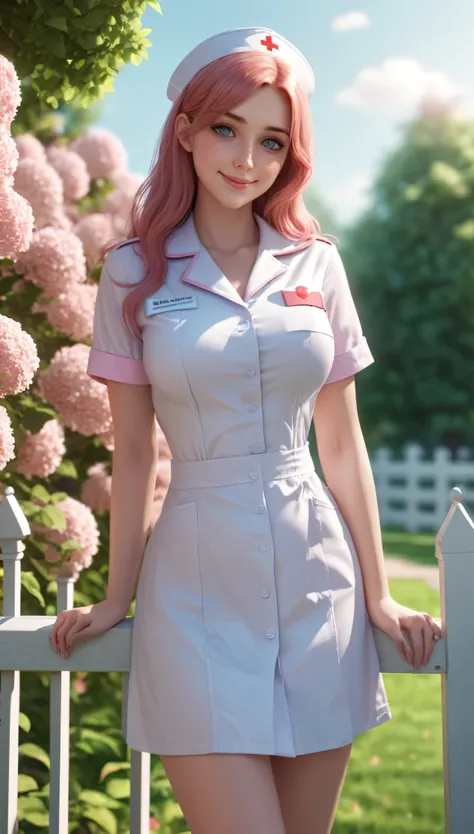 a 20 year old woman in a sexy revealing skimpy sheer nurse uniform open at the top, posing leaning on a fence, sunny park background, side boob, inspired by Elsie Few, thic, pink long hair, amber eyes, large breasts, smiling, distant full body view from he...