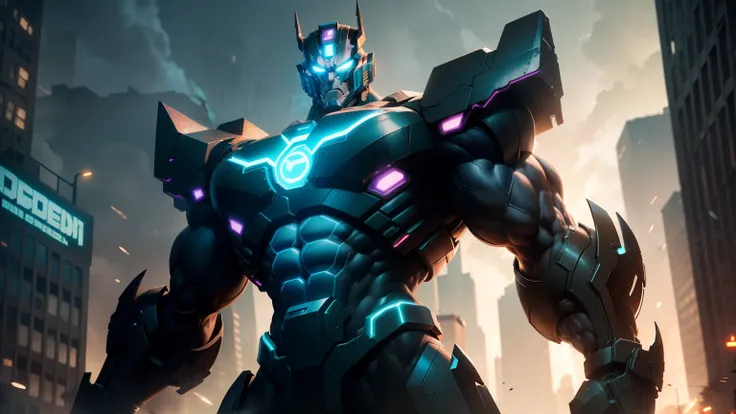 Muscular Apelinq, the Transformers titan, wreaks havoc in a  metropolis, a full-body shot illuminated by soft neon lights, casting an eerie, ethereal glow that highlights the titans power and imposing presence. The citys once bustling streets are now disor...