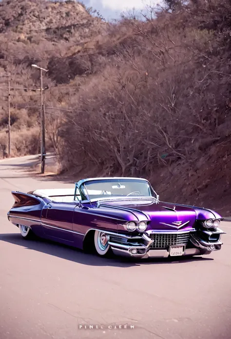 diagonal and distant camera, full image of a beautiful 18 year old girl driving inside a hot rod 1959 cadillac eldorado biarritz...