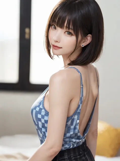 (From the back:1.4、Tabletop:1.4、highest quality:1.4、Best image quality:1.4、Cute beautiful adult woman, Beautiful symmetrical face、Adult smile:1.4、Beautiful Teeth、Lip gloss、Short Brunette Bob、Shiny shiny hair、Has shiny bangs:1.4、bangs:1.4、length, shiny shor...