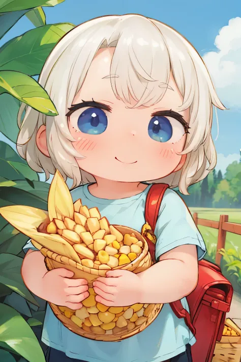 Photorealistic、Chibi Girl（Harvesting corn、smile）