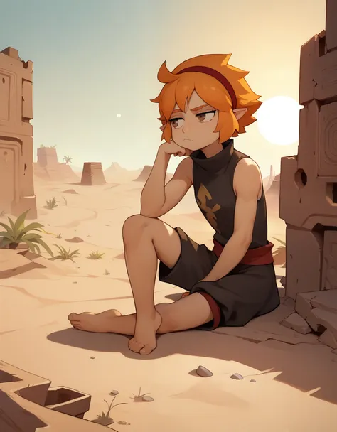 score_9, score_8_up, score_7_up,((best quality)), absurdres,((full body)),ElelyPXL,barefoot, orange hair, brown eyes,pointy ears,red hairband,sleeveless,baggy clothing,black clothes,slim,bored, desert,ruins,sun