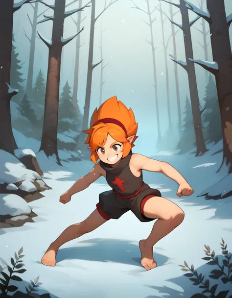 score_9, score_8_up, score_7_up,((best quality)), absurdres,((full body)),ElelyPXL,barefoot, orange hair, brown eyes,pointy ears,red hairband,sleeveless,baggy clothing,black clothes,slim,smile, Winter forest, action pose