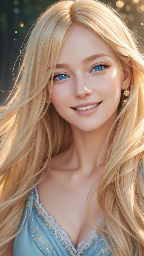 Blonde womans face, radiant smile, sparkling blue eyes, flowing golden hair, delicate features, joyful expression, natural beauty, close-up portrait, high-resolution digital painting, soft pastel color palette, warm and inviting lighting, ethereal and drea...