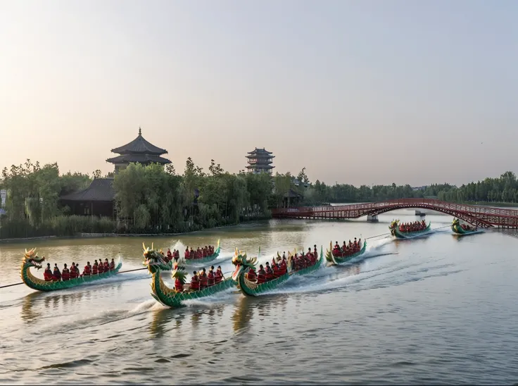 water surface，Four dragon boats，Each dragon boatSixpersonal，Leisure，Slowly rowing a dragon boat，Very slow，entertainment，（（（There are people on the bridge））），audience，Minimalist composition，raw,International Master&#39;s Works，Award-winning works，National G...