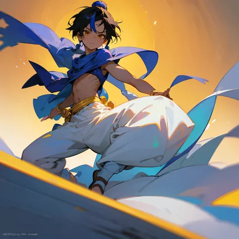 Aladdin、boy, Yellow Eyes, 10 years old Black hair,White skin,Arabian white turban,Dynamic Angle,highest quality, highest quality, High-quality illustrations, masterpiece, Ultra-high resolution, Detailed Background, Detailed Background, Observe the audience