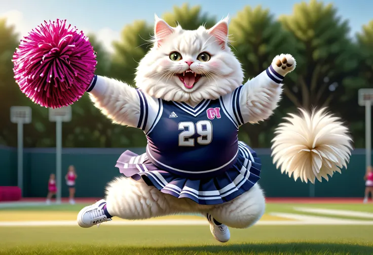 photorealistic portrait of Dressed animals - a ((fat)) angora cat cheerleader, cute cheerleader ((girl)) , ((cat and girl)) ,(action pose:1.5),(jumping:1.2),(happy smile),(furry), high quality,(lovely) ,intricate detailed decorations, highly detailed (chee...