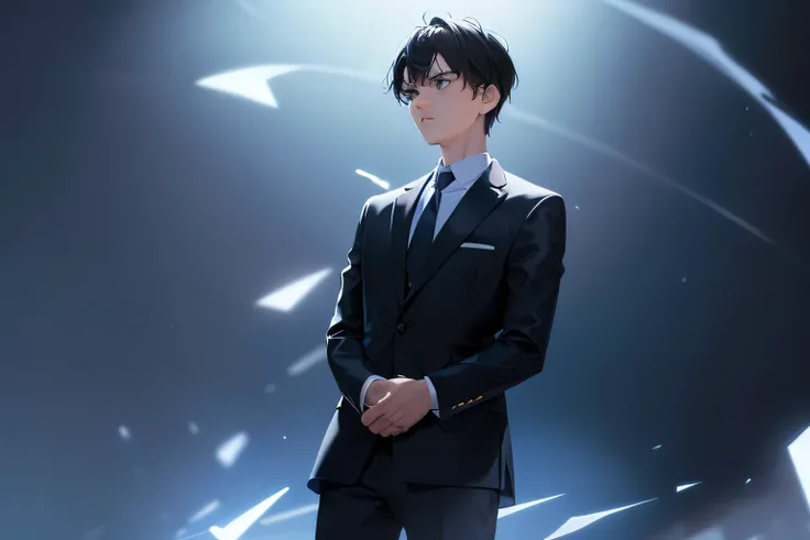 dutch angle, (looking away:2), masterpiece、high quality、25-year-old man with short black hair and blue eyes、wearing a suit、wearing a white shirt、Wearing a dark blue tie、(Alone:1.5)、(Expressionless:1.1)、The background is a dark bedrom、bold composition、dark ...