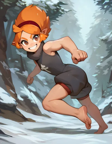 score_9, score_8_up, score_7_up,((best quality)), absurdres,((full body)),ElelyPXL,barefoot, orange hair, brown eyes,pointy ears,red hairband,sleeveless,baggy clothing,black clothes,slim,smile, Winter forest, action pose