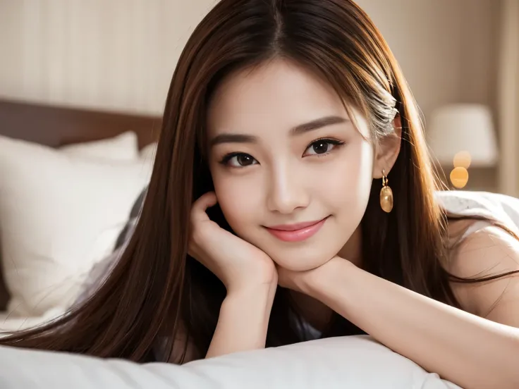 High resolution,4K,8k,16K,
1 Female,
(Fair skin:1.2),(Age 25:1.5)、
(K-Pop Idols:1.2),skinny,Long legs;1.1,
Long brown hair,(Beautiful Face:1.2),Perfect body,(Perfect Face,Beautiful Nose:1.2),View Viewer,(smile:1.3),2 Arms,Lie in,On the bed,Close-up face,
F...