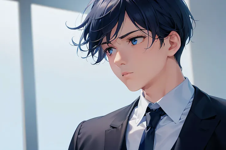 dutch angle, (looking away:2), masterpiece、high quality、25-year-old man with short black hair and blue eyes、wearing a suit、wearing a white shirt、Wearing a dark blue tie、(Alone:1.5)、(Expressionless:1.1)、The background is a dark bedrom、bold composition、dark ...