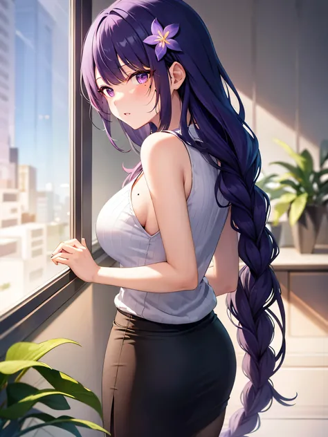 masterpiece, ultra-detailed hair, better lights, better shadows, shogun raiden,1girl, raiden shogun, breasts, skirt, purple hair, solo, long hair, large breasts, purple eyes, braid, ass, looking at viewer, braided ponytail, hair ornament, sleeveless, hair ...