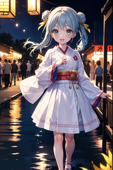 index, index, (Green Eyes:1.5), Blue Hair, Long Hair, (Flat Chest:1.2),smile,blush,Happy atmosphere,Open your mouth,Long Hair,Hair Bun, double  Hair Bun,White bathrobe,Long sleeves,mini skirt,Sandals,White tabi,night空の花火,Fireworks display,Japanese Festival...