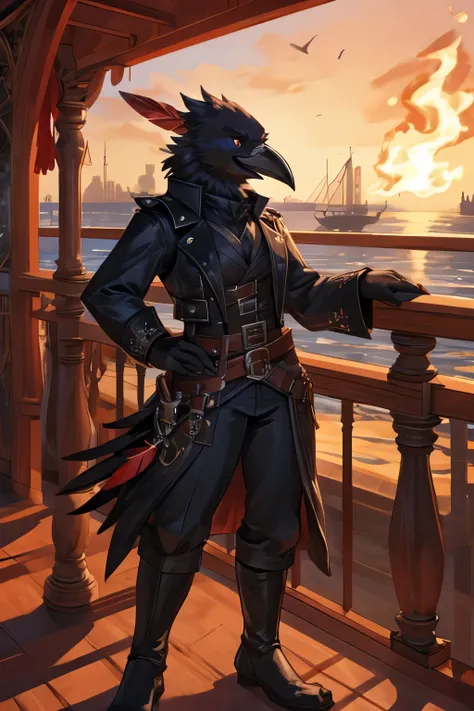 Raven, swashbuckler, leather vest, Dyed feather tips, flame tipped feathers, posing standing on the railing of a ship, grinning, female, rapier