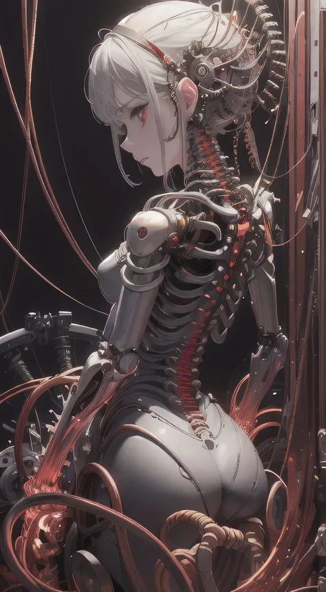 (((masterpiece))), ((highest quality)), (Very detailed), (CG illustration), (So evil and beautiful)), Cinematic Light, ((1. Mechanical Girl)), single, (Mechanical Arts: 1.4), ((Mechanical Limbs)), (Blood vessel attached to a tube), ((Mechanical spine attac...