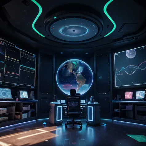 command hall, high technology, technology center, globe holographic in the center of the room with computers around with 3D astronomical map, spherical，transparent，cyberpunk，fluorescence，neon lights，high tech，command hall