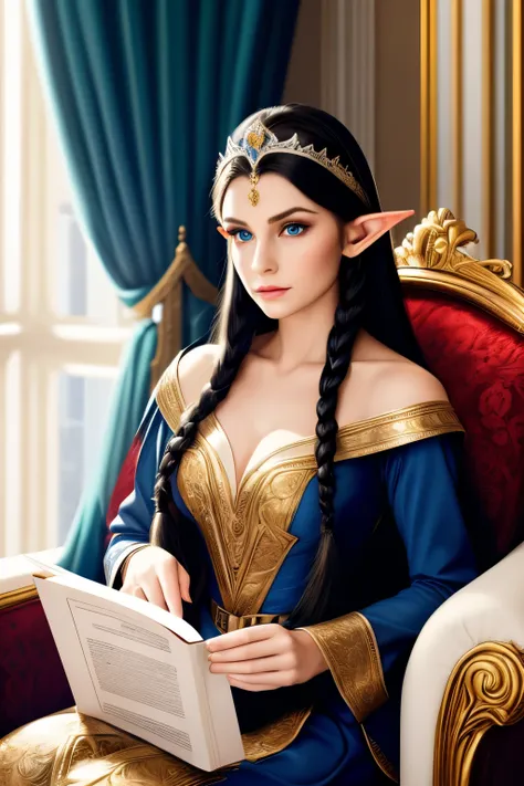 Artwork, best quality, 1 female elf, 1 woman, long black hair in braids, royal tiara on head, (Elf Queen), blue eyes, huge bust, looking at viewer, disapproving look, royal hall, Alone, Beautiful 25 year old elf wearing queens attire, sitting in an armchai...