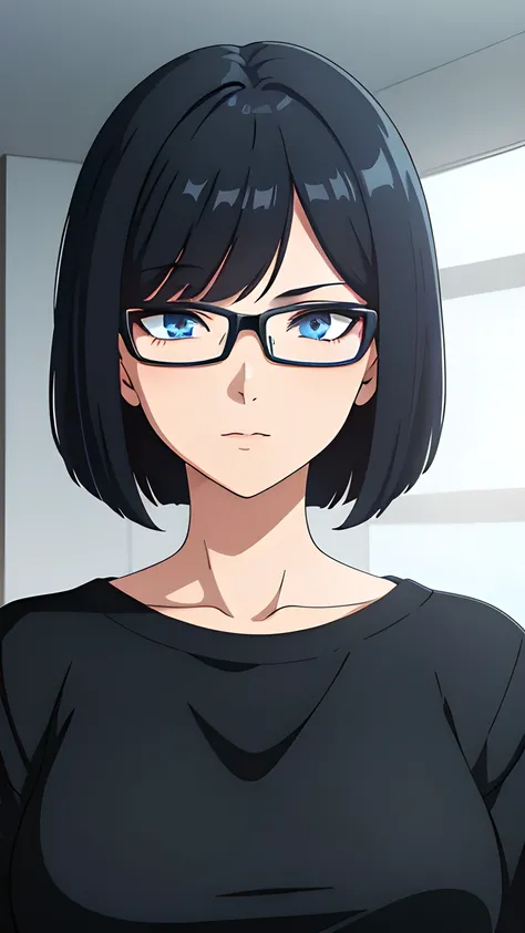 (best quality:1.5, highres, UHD, 4K, detailed lighting, shaders), black hair, bob cut, hair covering one eye, cool woman, cool girl, sharp eyes, blue eyes, beautiful, bedroom background, casual clothes, (pov, close shot), with glasses