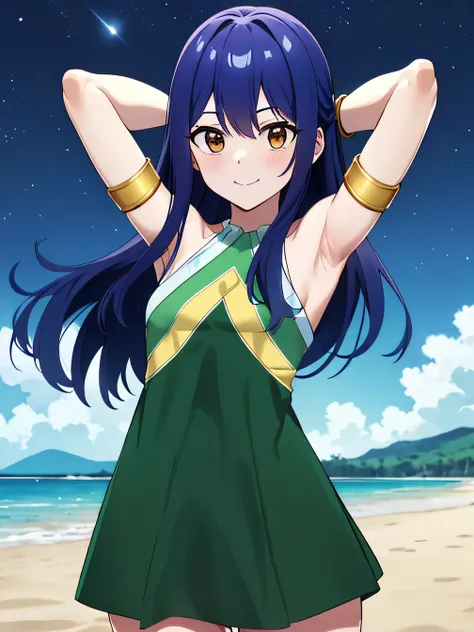 masterpiece, best quality, highres, aawendy, long hair, bare shoulders, green dress, sleeveless dress, armlet, bracelet, looking at viewer, solo, contrapposto, spread armpit, arms behind head, smile, looking at viewer, (cowboy shot:1.5), closed mouth, nigh...