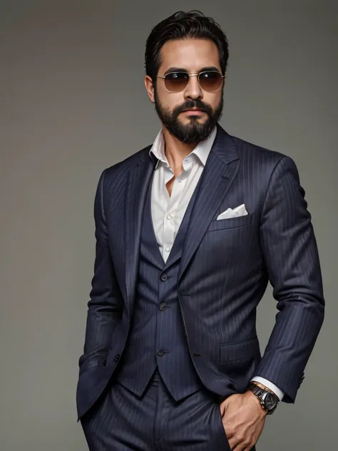 a 38-year-old man with a neatly groomed beard and stylish sunglasses. he is dressed in an elegant, tailored suit, featuring a sh...