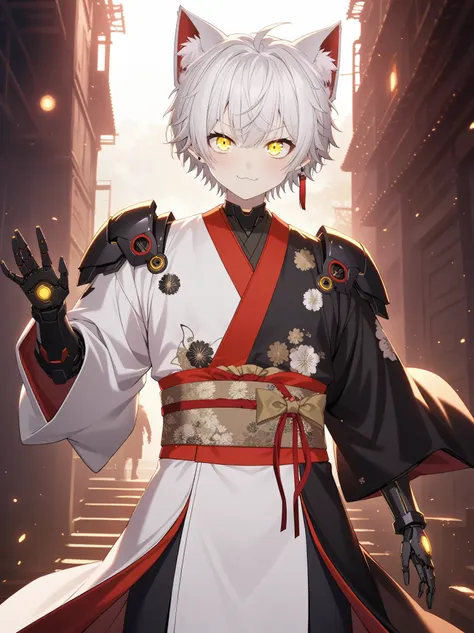 1boy,cat_boy,male focus, cyborg boy, split-color kimono, (black kimono), ((white kimono)), (red lapel), white hair,white animal ...