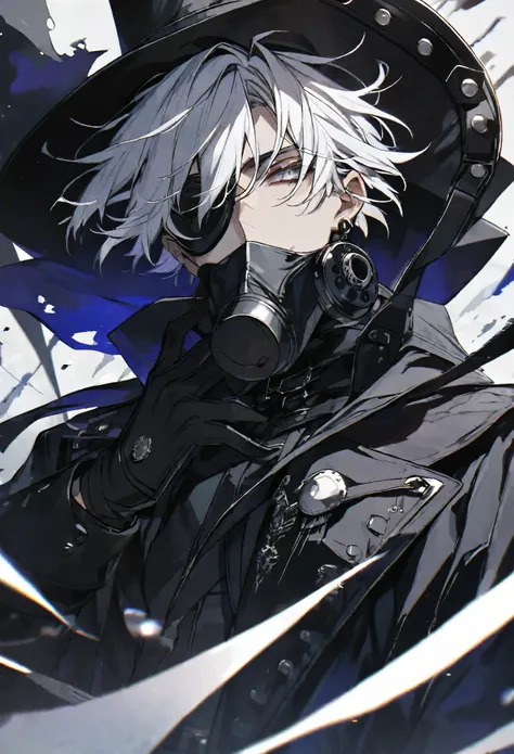 solo, handsome, 1 male, short hair, white color hair, white eyes, black coat, black plague doctor mask, black gloves, black top ...