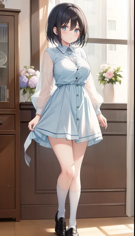 One Girl、positive、Standing posture、Full body portrait、Black Hair、Medium Haircut、blush、Absolute area、Black knee-high socks、Knee-length、stockings、White underwear、Light blue dress、(Very large breasts)、Cleavage、((Lesbians around the world))、masterpiece、(highes...