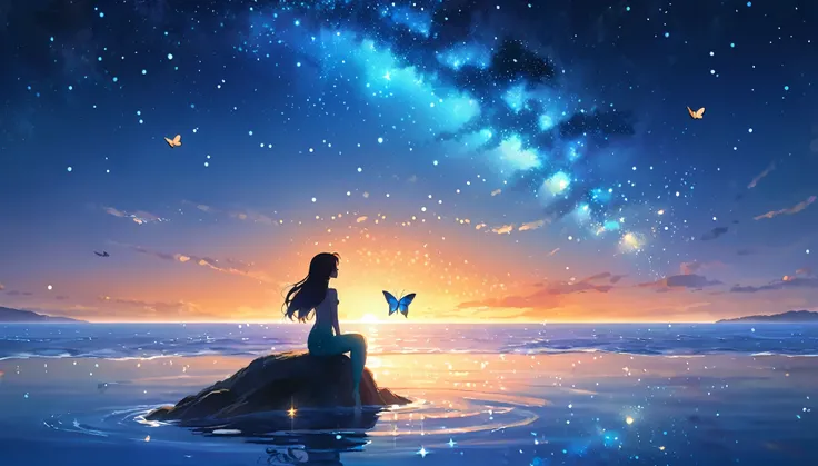 Mermaid Shadow、　Realistic、Realistic、Real、The main event is the morning sun.、Small Plane、Small butterfly、Starry sky and sunrise、coastline、A fantastic flapping butterfly、A small mermaid is reflected in the image,Anime-style digital painting of a horizon land...