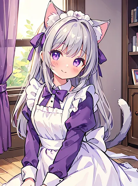 highest quality,highest quality,masterpiece,8k,break,(girl 1,gray hair,long hair,cat ear,white and purple maid outfit,purple ros...