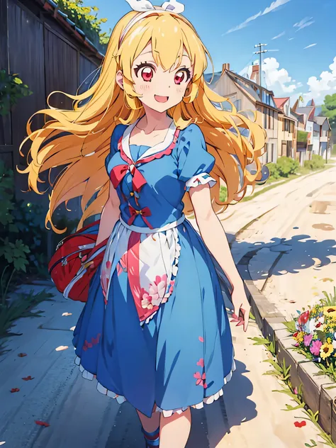 aikatsu,blonde_hair,anime girl wearing a wedding dress holding flowers over her shoulder while she walks down a beach, 1girl, so...