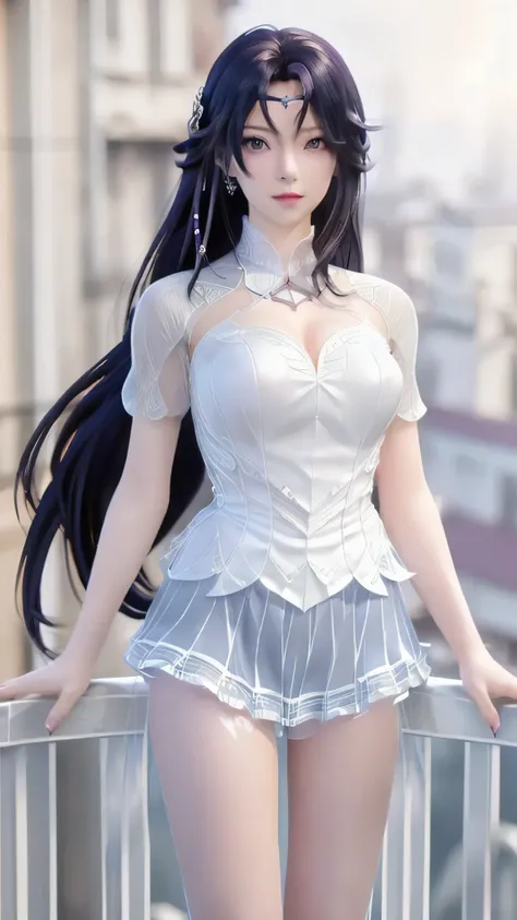 a close up of a woman with long black hair posing on a balcony, realistic anime 3 d style, beautiful alluring anime woman, beaut...