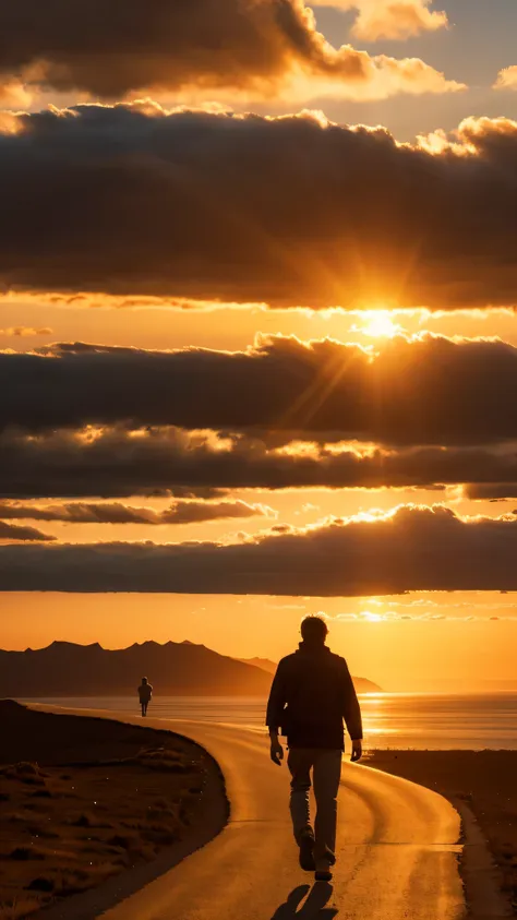 a man walks confidently towards the horizon, sunset, emitting warm light. vast landscape, symbolizes endless possibilities and f...