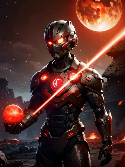 cybernetic earth with a red light inside, mechanized earth crust, the earth sprouts lava, earths red mantle is visible, hollow earth, vtm, canyons and ridges all across earth